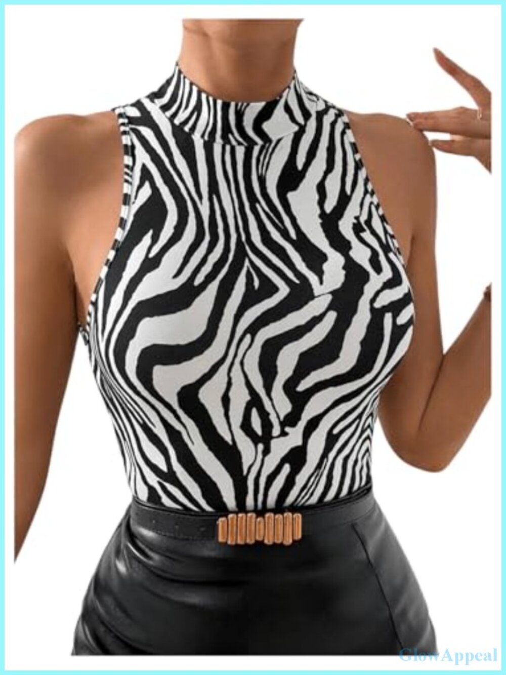 Sleeveless Mock Neck Zebra Stripe Tank Top Slim Fit Elegant Women's Shirt